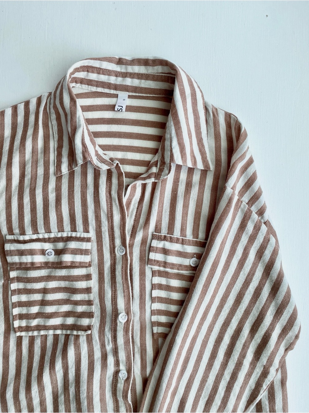 Cotton/Rayon Blend Striped Button-Up Shirt in Brown and Cream